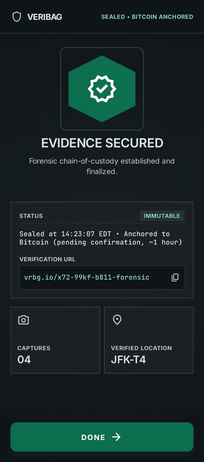 VeriBag verifier screen with green cryptographic checks